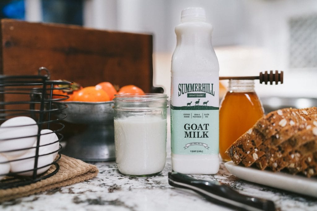 Glass of goat milk on kitchen counter