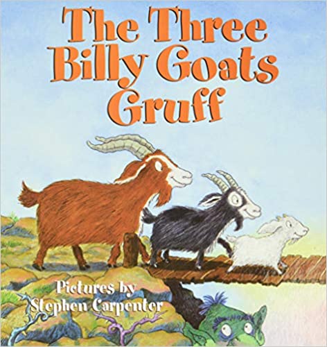 cover of book; illustrated brown, black, and white goats crossing a bridge